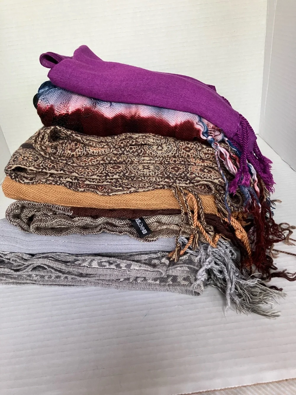 Vintage‎ Bundle (7) Long Scarves - Navy Blue, Purple, Tan, Cream, Gray, Brown